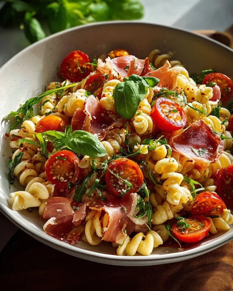 Salade de pâtes avec jambon sec et tomates fraîches