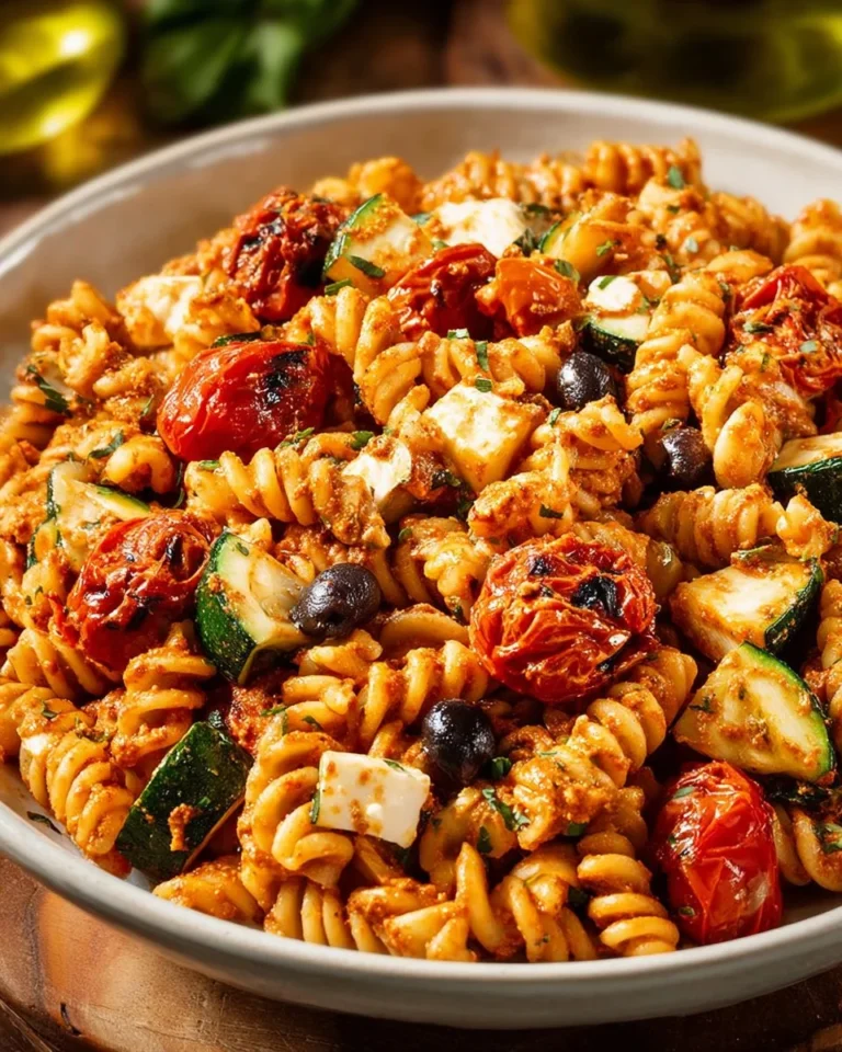 Salade de pâtes avec pesto rouge et olives noires dans un bol