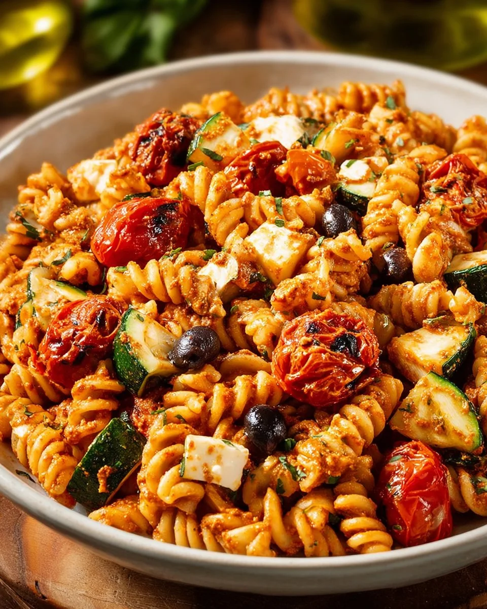 Salade de pâtes avec pesto rouge et olives noires dans un bol