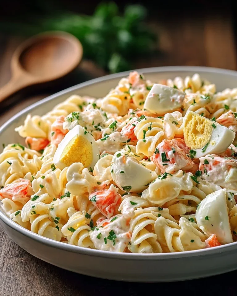Salade de pâtes avec surimi et œufs durs, un plat frais et savoureux