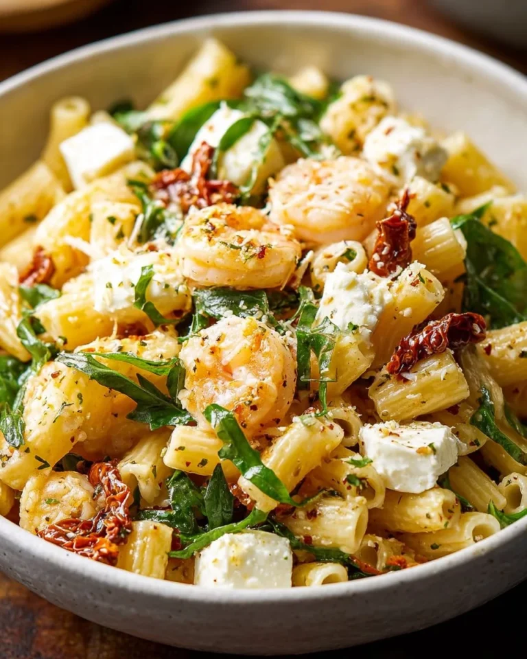 Salade de pâtes avec tomates séchées et mozzarella dans un plat coloré