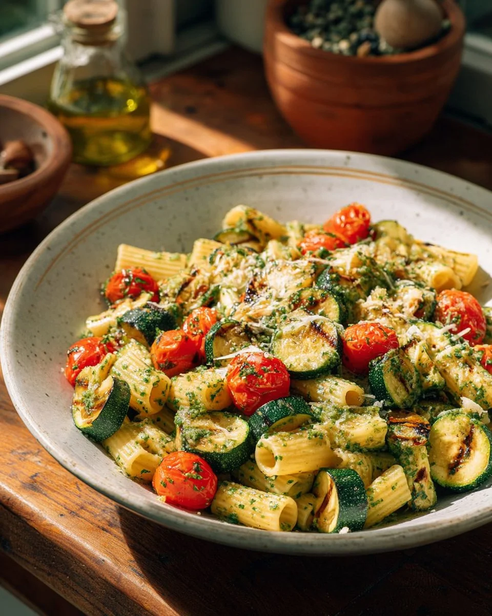 Salade de pâtes avec courgettes fraîches et ingrédients colorés