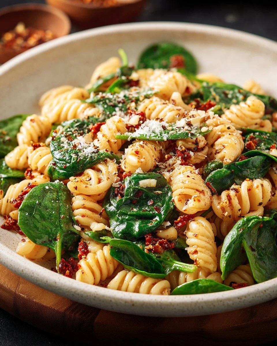 Salade de pâtes et épinards fraîche et colorée dans un bol.
