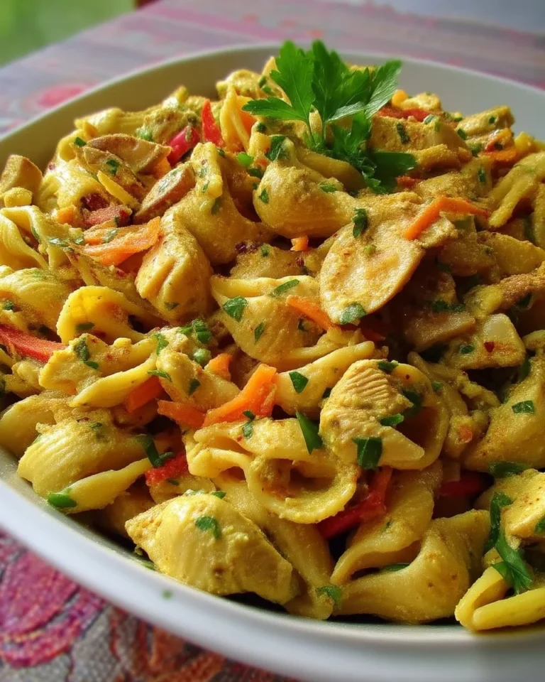 Salade de pâtes et poulet au curry, un plat coloré et délicieux