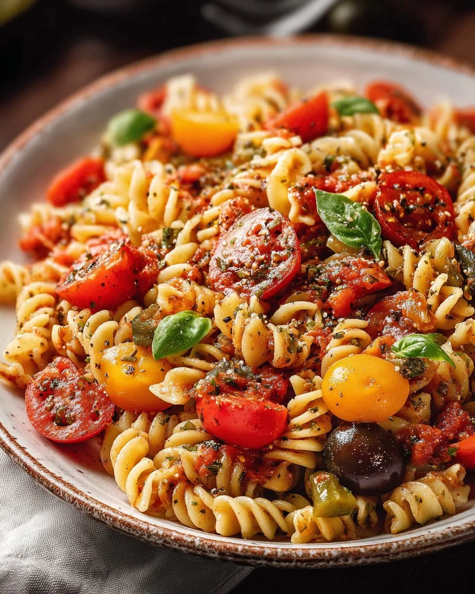 Salade fraîche de pâtes et tomates avec vinaigrette aux herbes