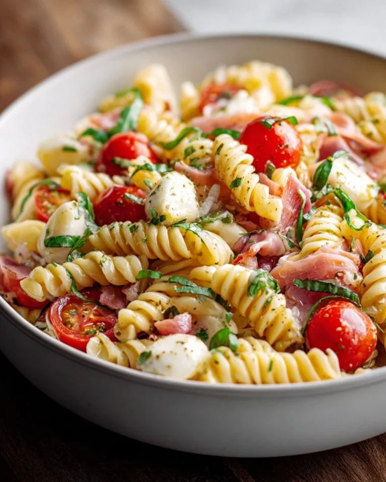 Salade de pâtes italienne colorée avec légumes frais et vinaigrette.