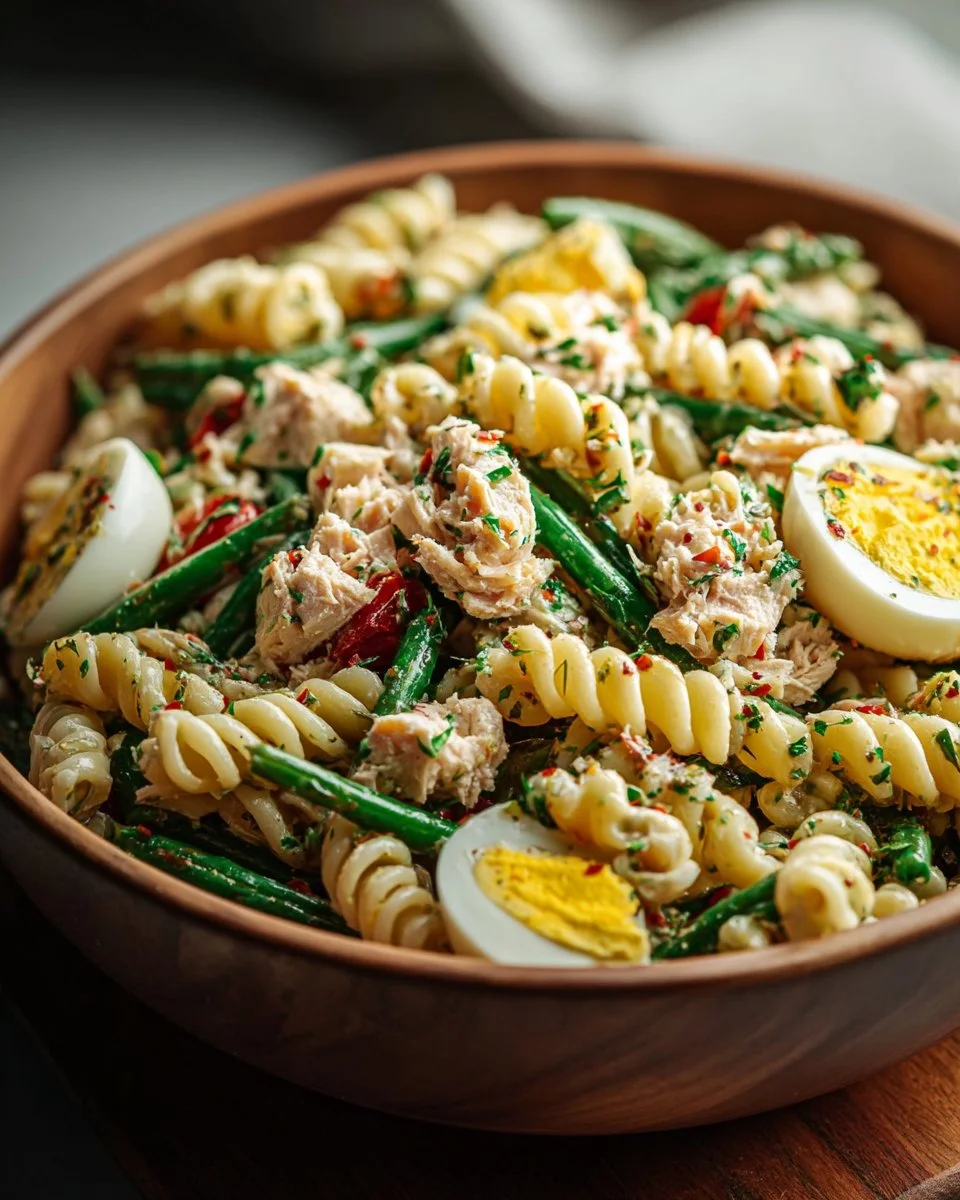 Salade de pâtes italienne colorée avec légumes frais et vinaigrette.