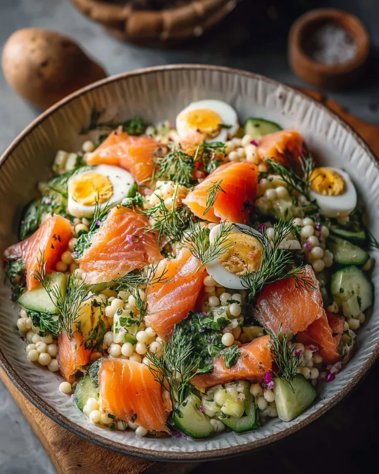 Salade de perles avec saumon fumé et légumes frais