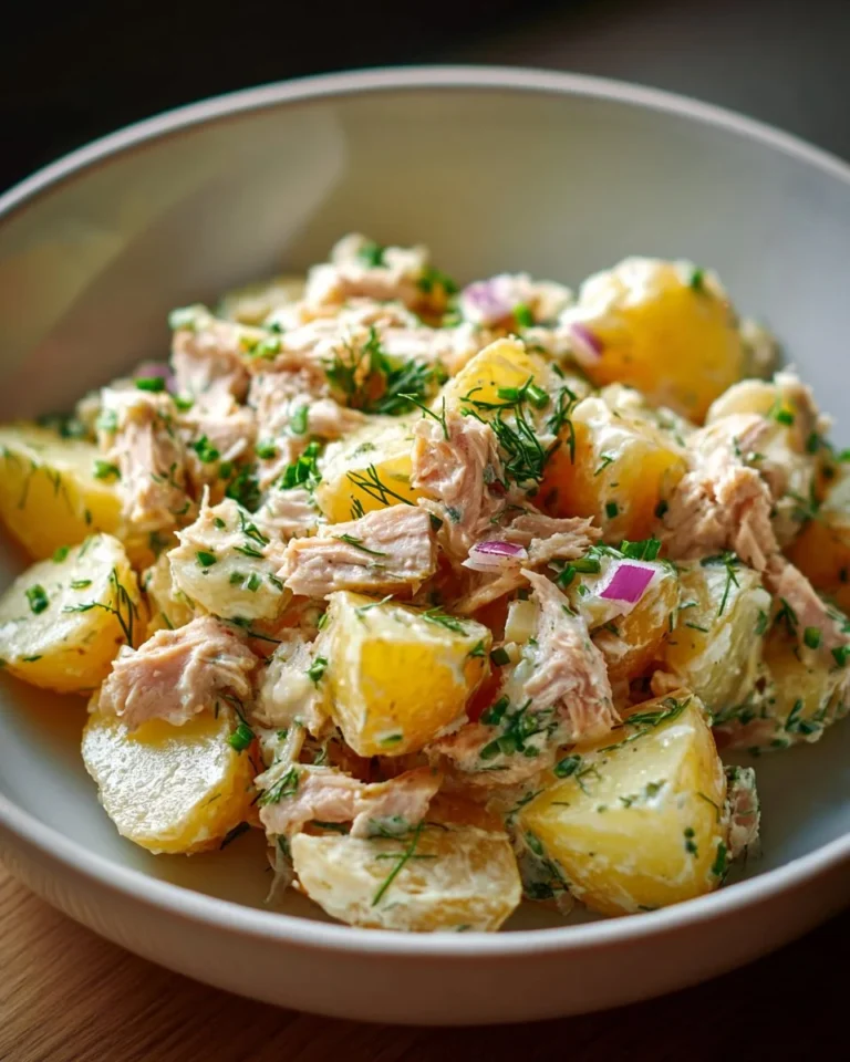 Salade de pommes de terre au thon servie dans un bol coloré.