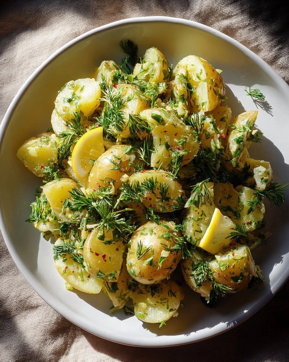 Salade de pommes de terre aux herbes fraîches et citron, servie dans un bol.