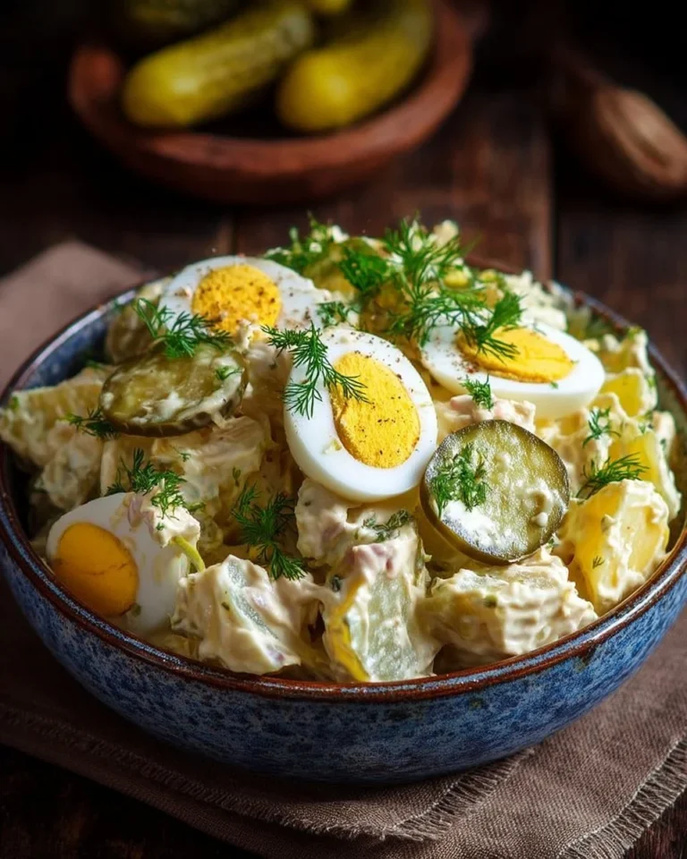 Salade de pommes de terre avec œufs et cornichons, plat estival délicieux.