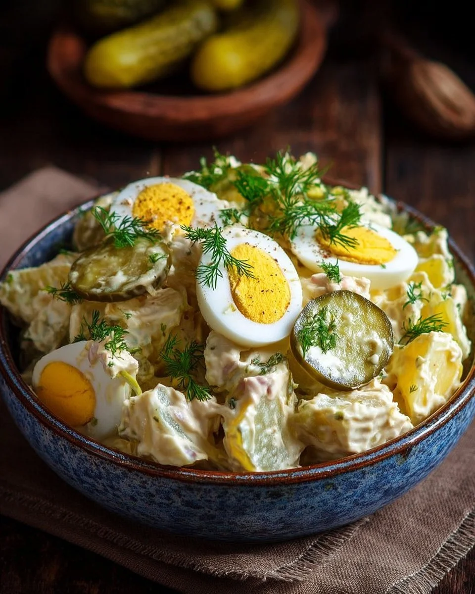 Salade de pommes de terre avec œufs et cornichons, plat estival délicieux.