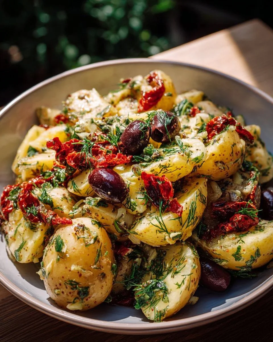 Salade de pommes de terre aux olives et tomates séchées dans un bol