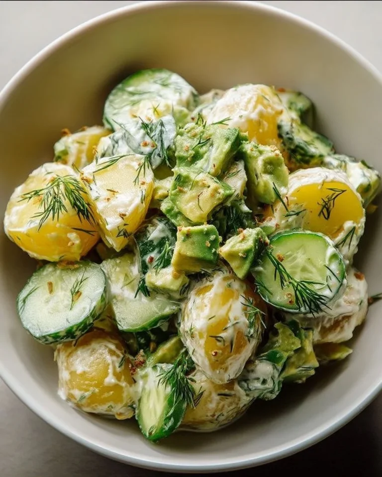 Salade de pommes de terre avec concombre, avocat et aneth dans un plat