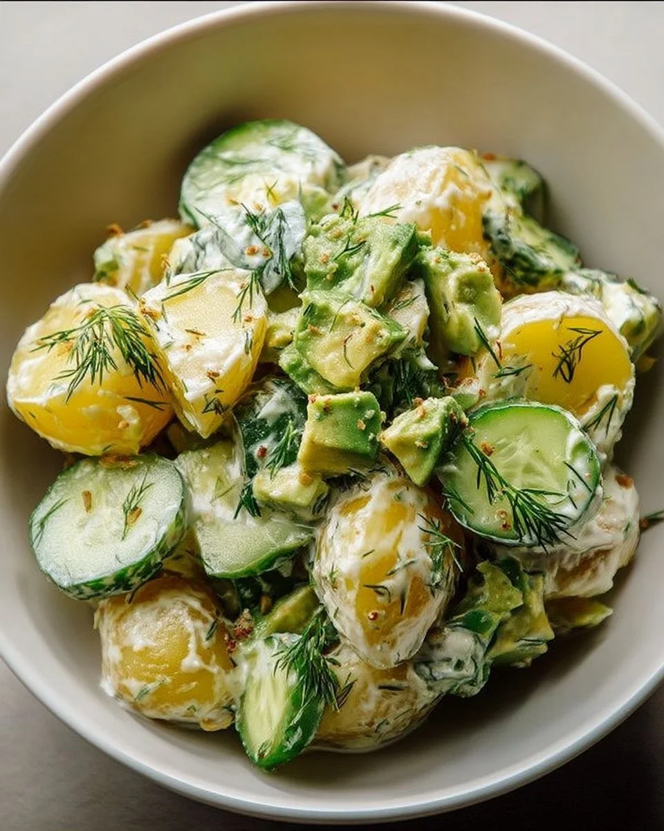 Salade de pommes de terre avec concombre, avocat et aneth dans un plat
