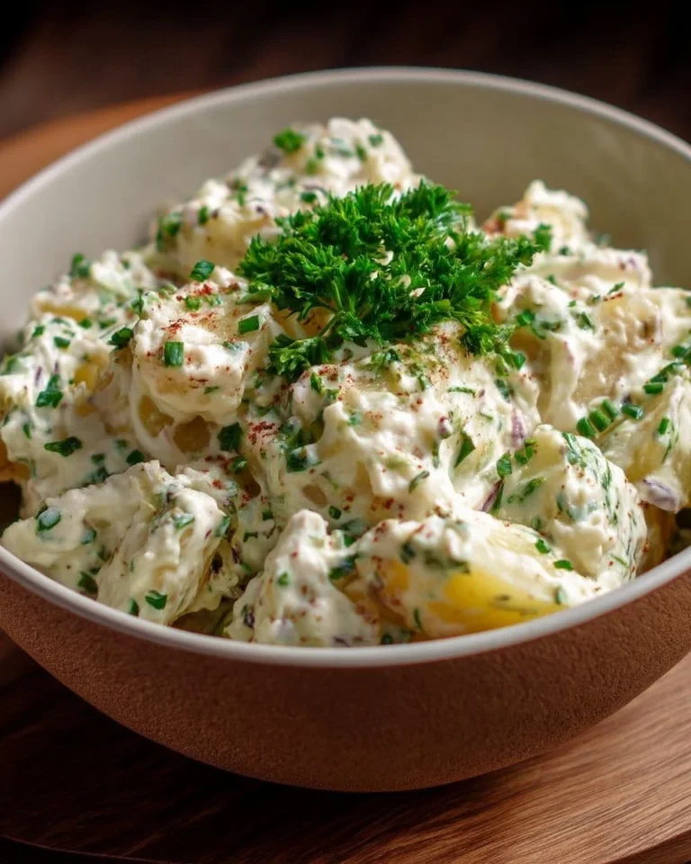 Salade de pommes de terre crémeuse garnie d'herbes fraîches
