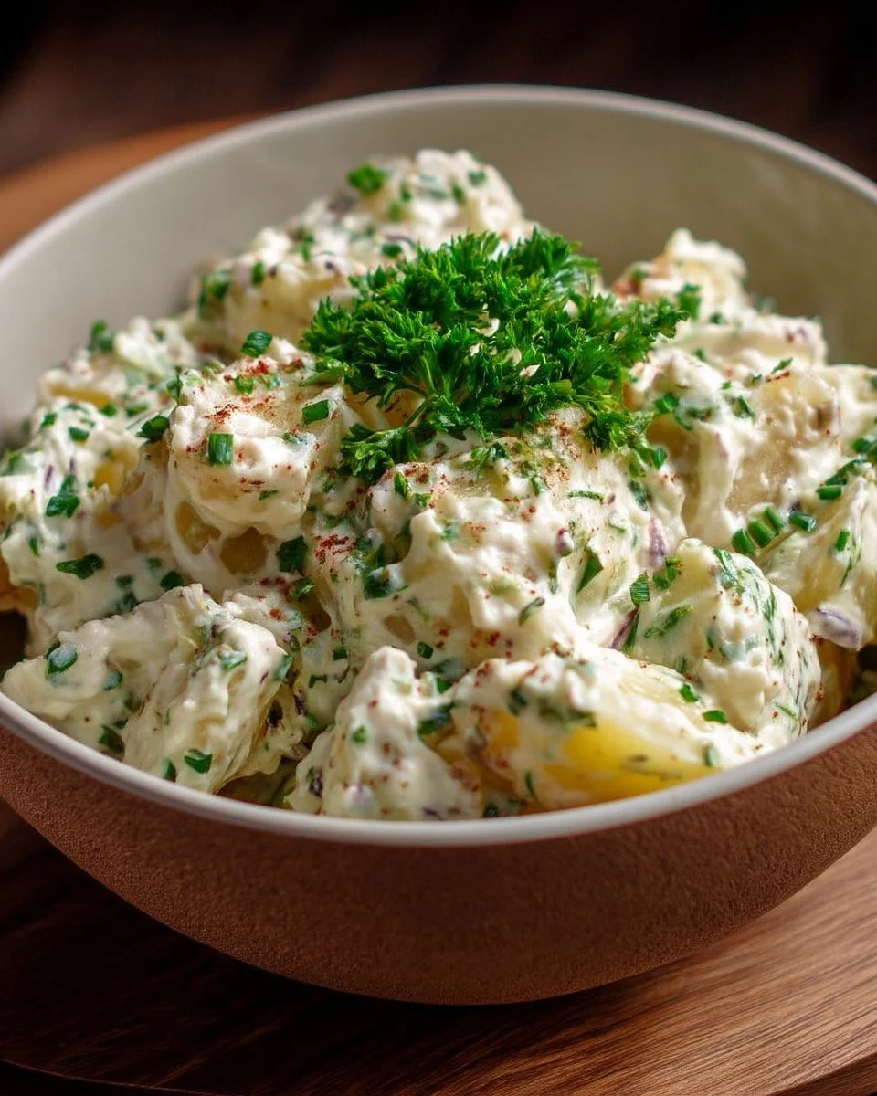 Salade de pommes de terre crémeuse garnie d'herbes fraîches