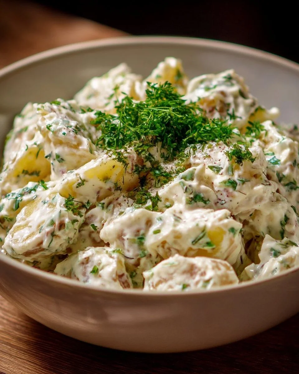 Salade de pommes de terre crémeuse garnie d'herbes fraîches