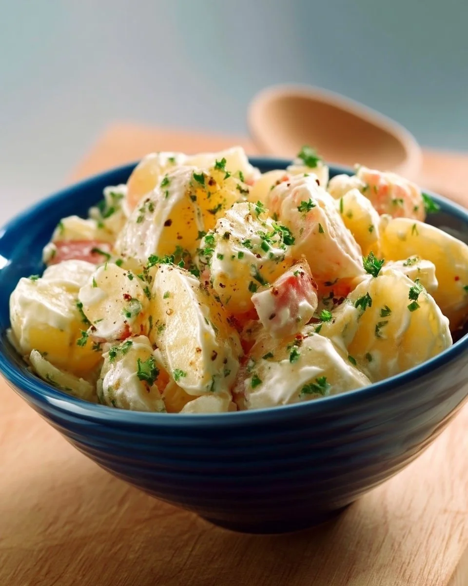 Salade de pommes de terre savoureuse avec ingrédients frais sur une table
