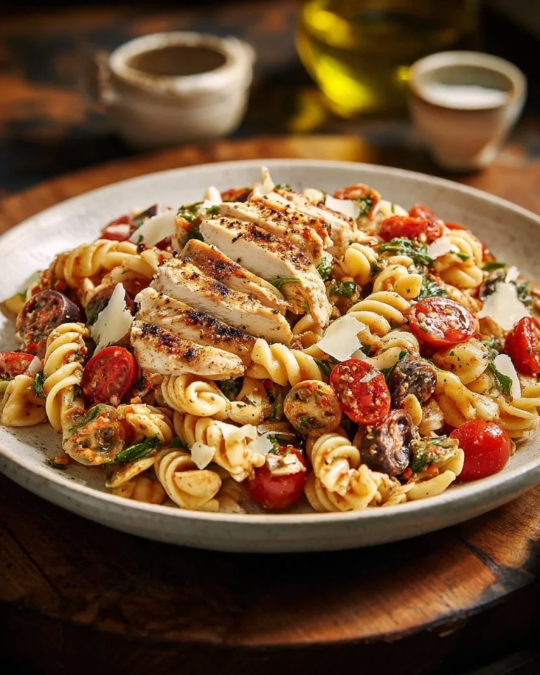 Salade de poulet et pâtes, plat coloré et savoureux, idéal pour un déjeuner léger.