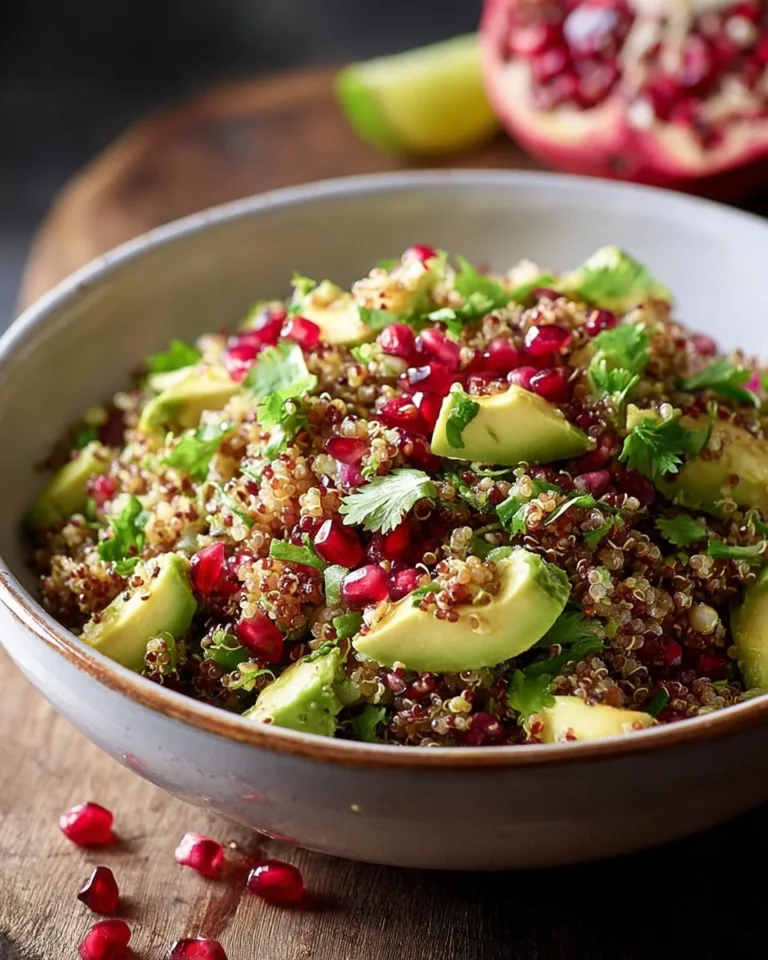 Salade de quinoa avec grenade et avocat, riche en saveurs et nutriments.