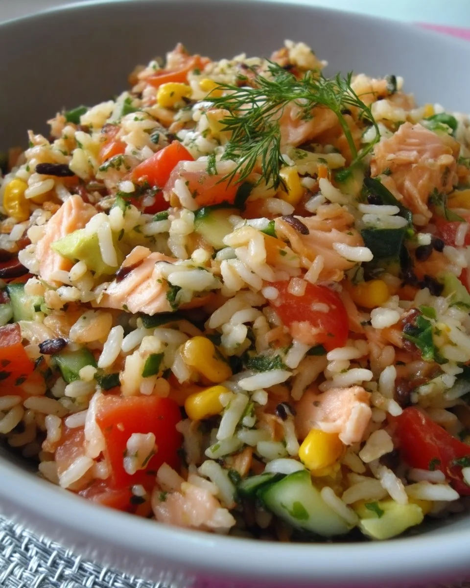 Salade de riz saumon avec légumes frais et sauce délicieuse