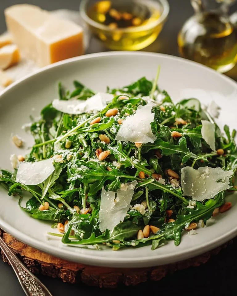 Salade de roquette avec parmesan et pignons de pin grillés servie dans un bol