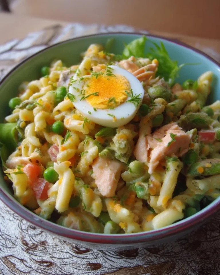 Salade de saumon avec pâtes au cari, plat coloré et appétissant.