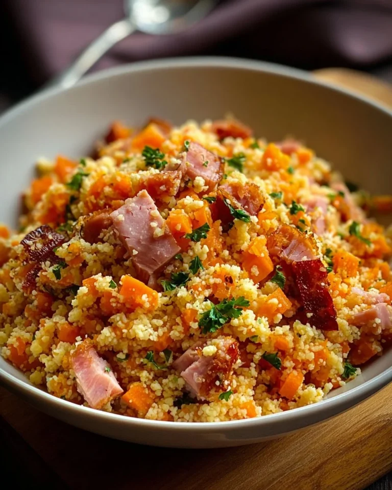 Salade de semoule garnie de jambon et carottes râpées, plat coloré et appétissant.
