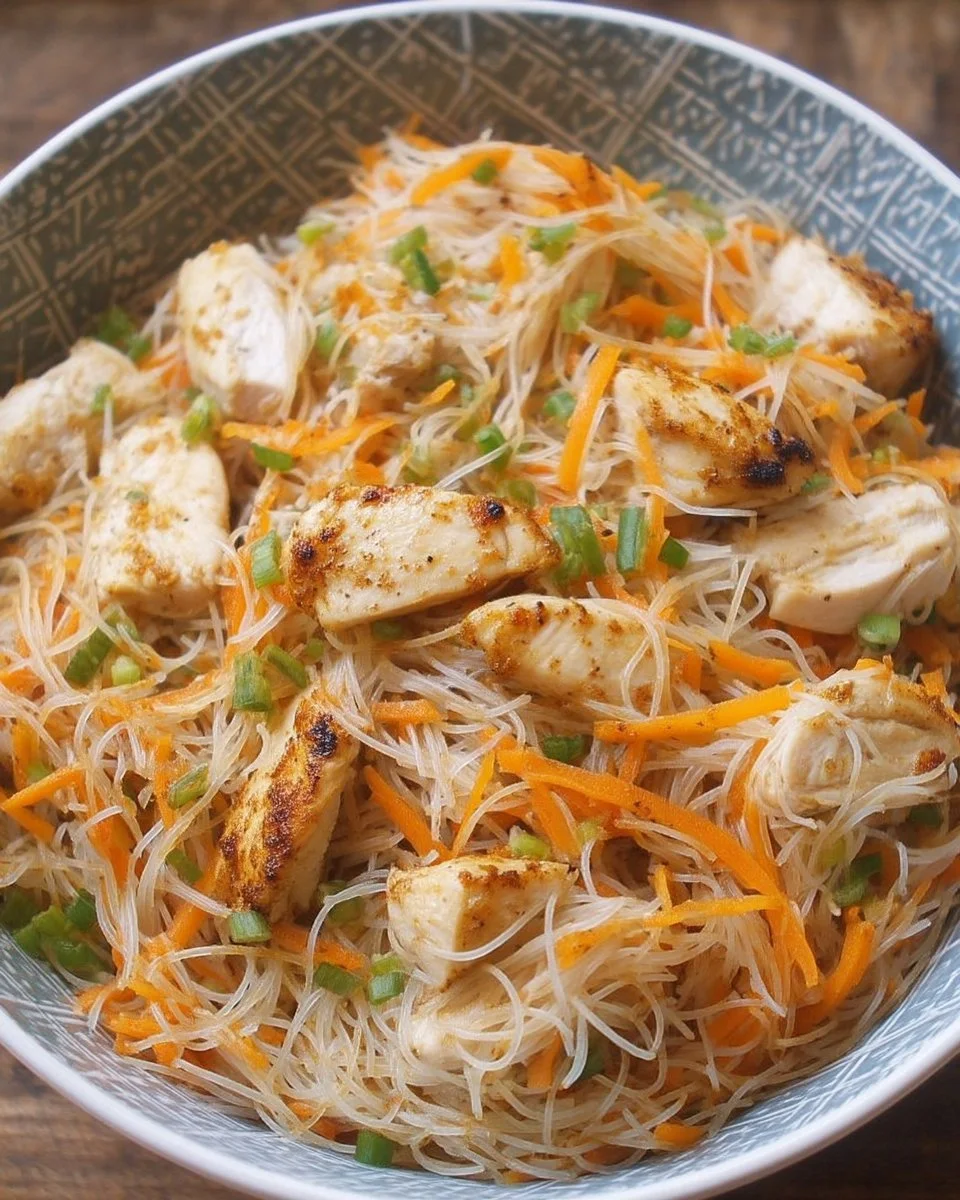 Salade de vermicelles au poulet garnie de légumes colorés et d'herbes fraîches.