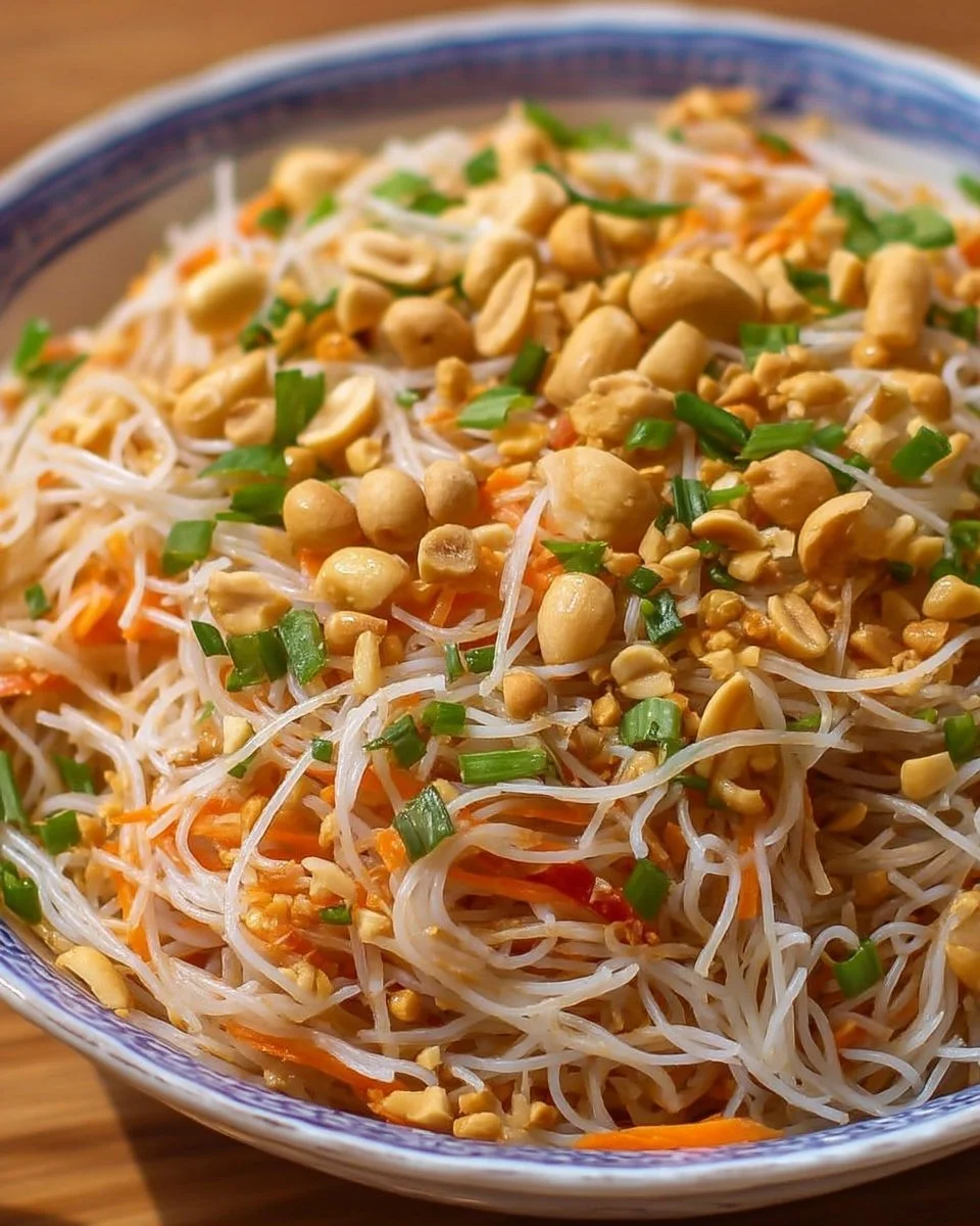 Salade de vermicelles aux cacahuètes garnie de légumes frais et d'herbes