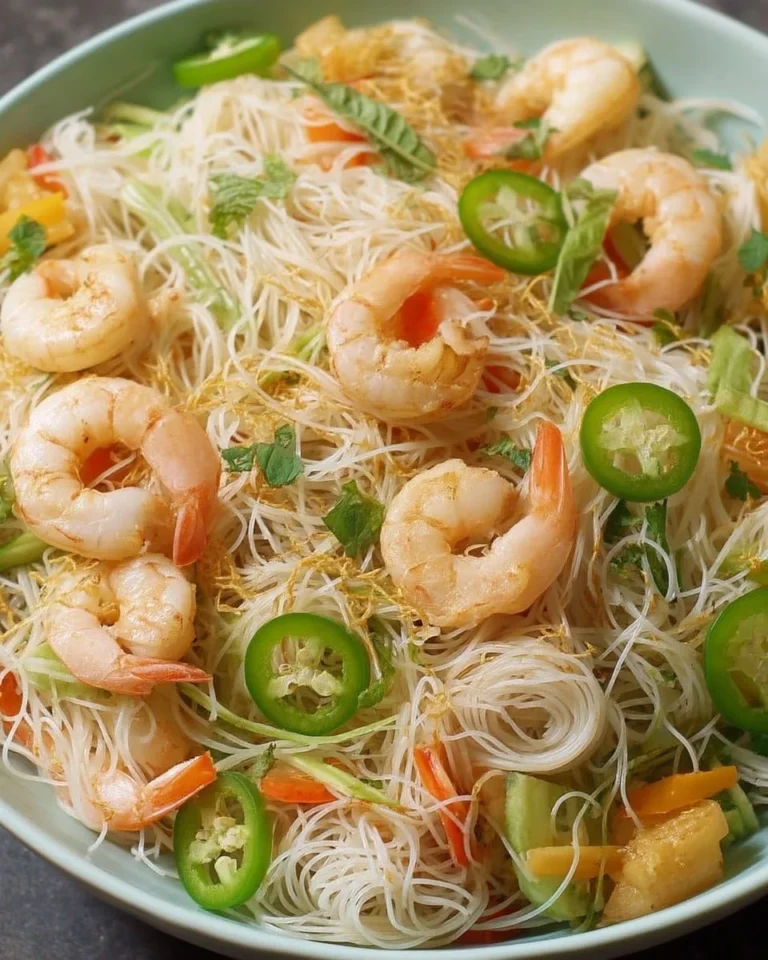 Salade de vermicelles aux crevettes fraîchement préparée avec légumes colorés