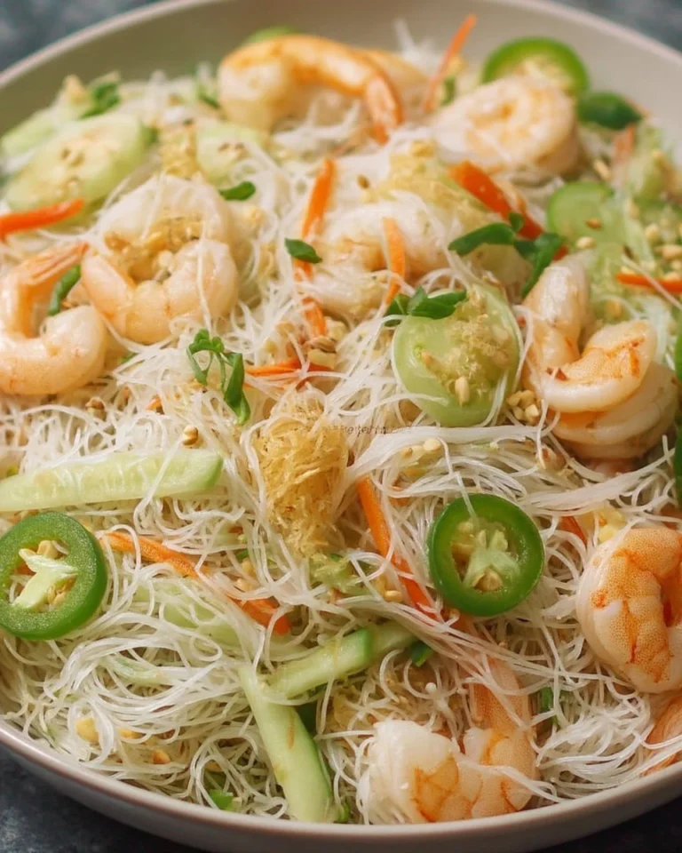 Salade de vermicelles aux crevettes garnie de légumes frais
