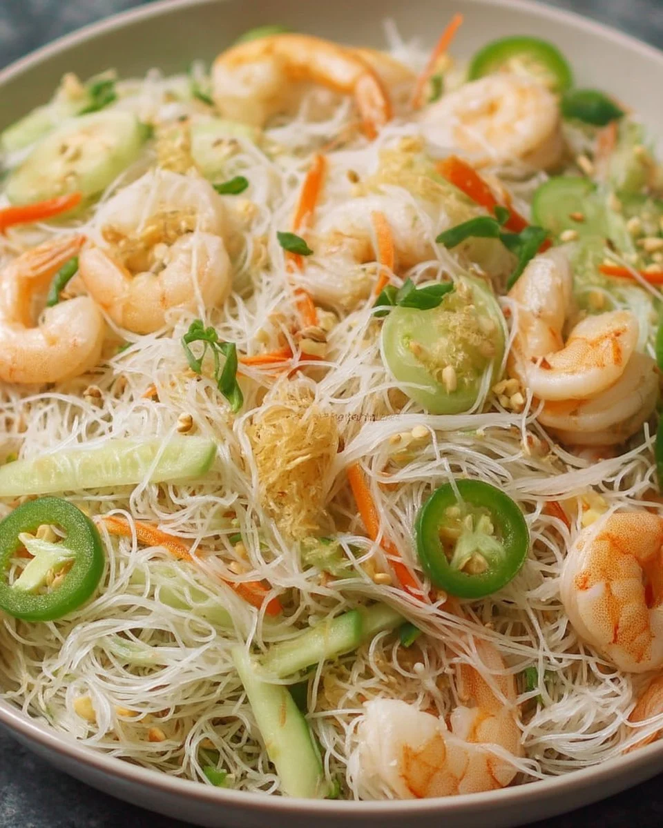 Salade de vermicelles aux crevettes garnie de légumes frais