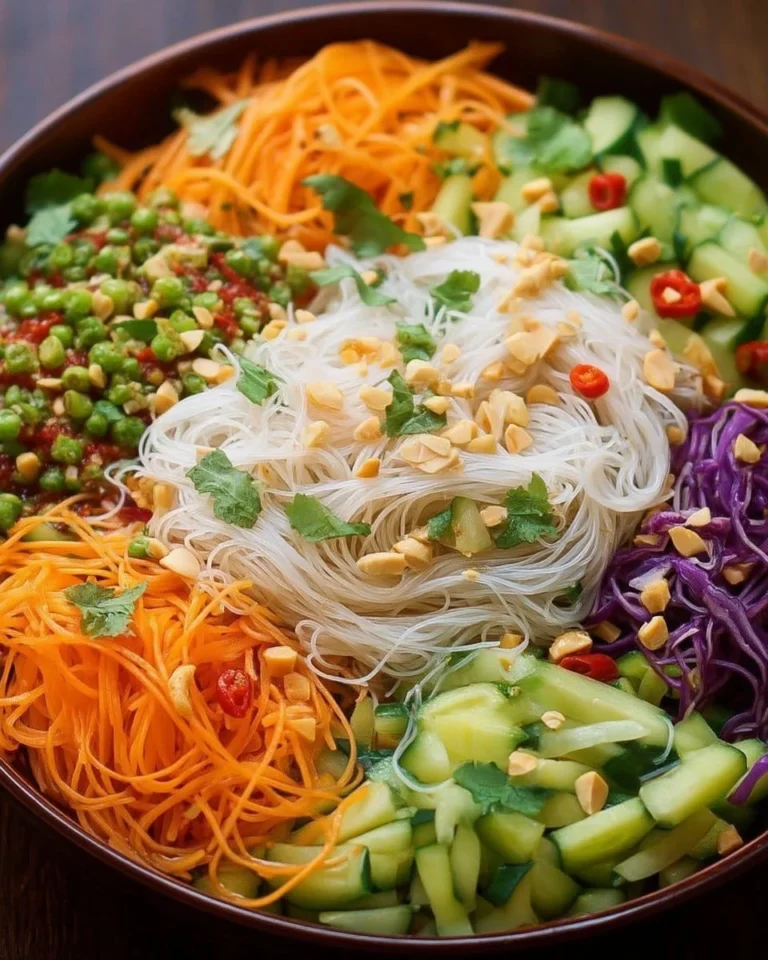 Une salade de vermicelles colorée avec des légumes frais et une vinaigrette délicieuse.