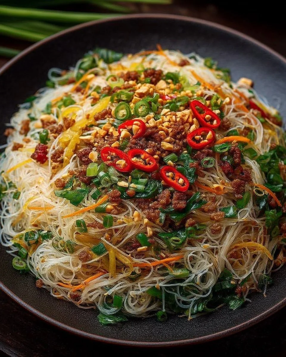 Salade de vermicelles sautés colorée et savoureuse, prête à être dégustée
