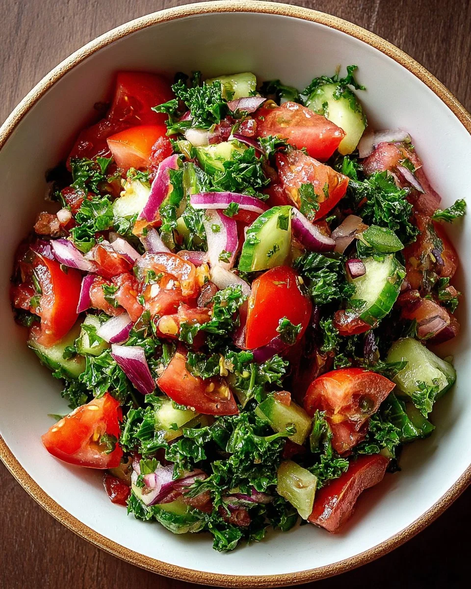 Salade Shirazi avec tomates, concombres et oignons, fraîche et colorée.