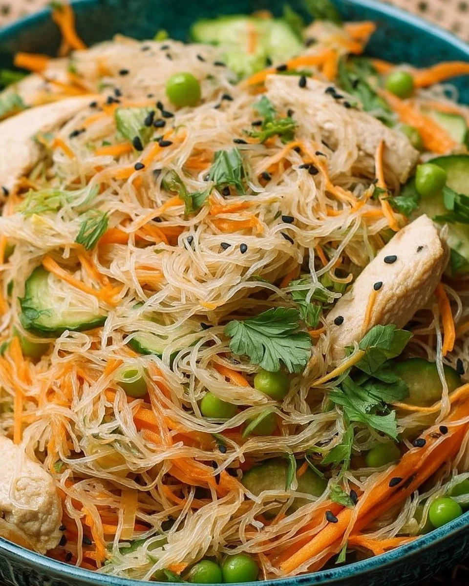 Salade vermicelles fraîche avec légumes colorés et sauce légère