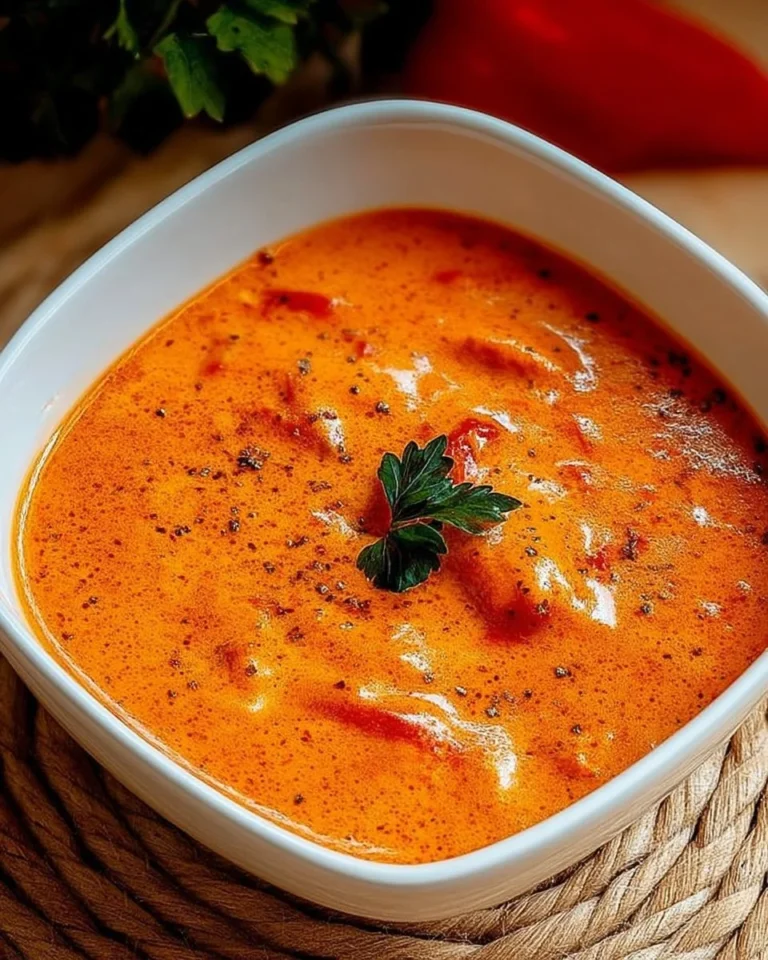 Sauce aux poivrons rôtis et crème servie dans un bol.