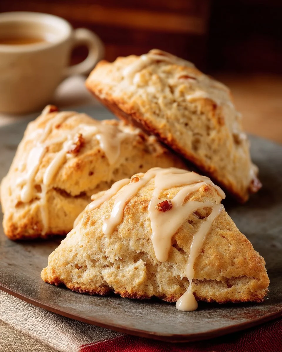 Scones à l'érable sur une assiette avec un sirop d'érable en arrière-plan