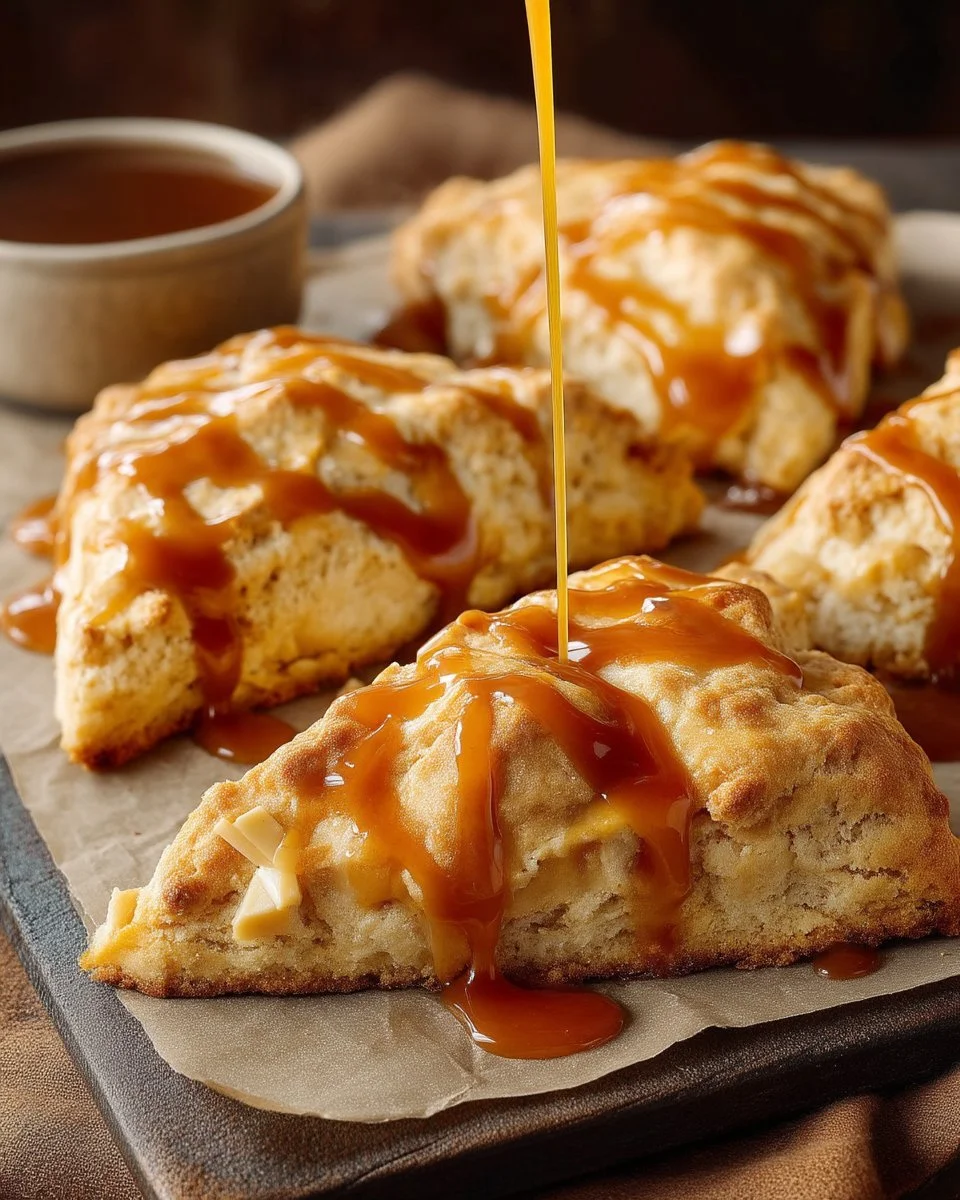 Scones au caramel, sirop d'érable et chocolat blanc sur une assiette délicieuse