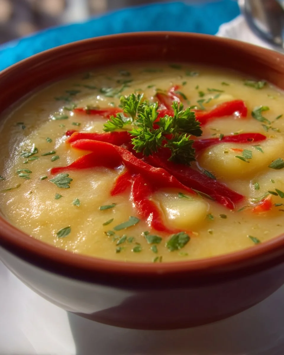 Soupe catalane aux pommes de terre et haricots de Lima dans un bol à soupe.