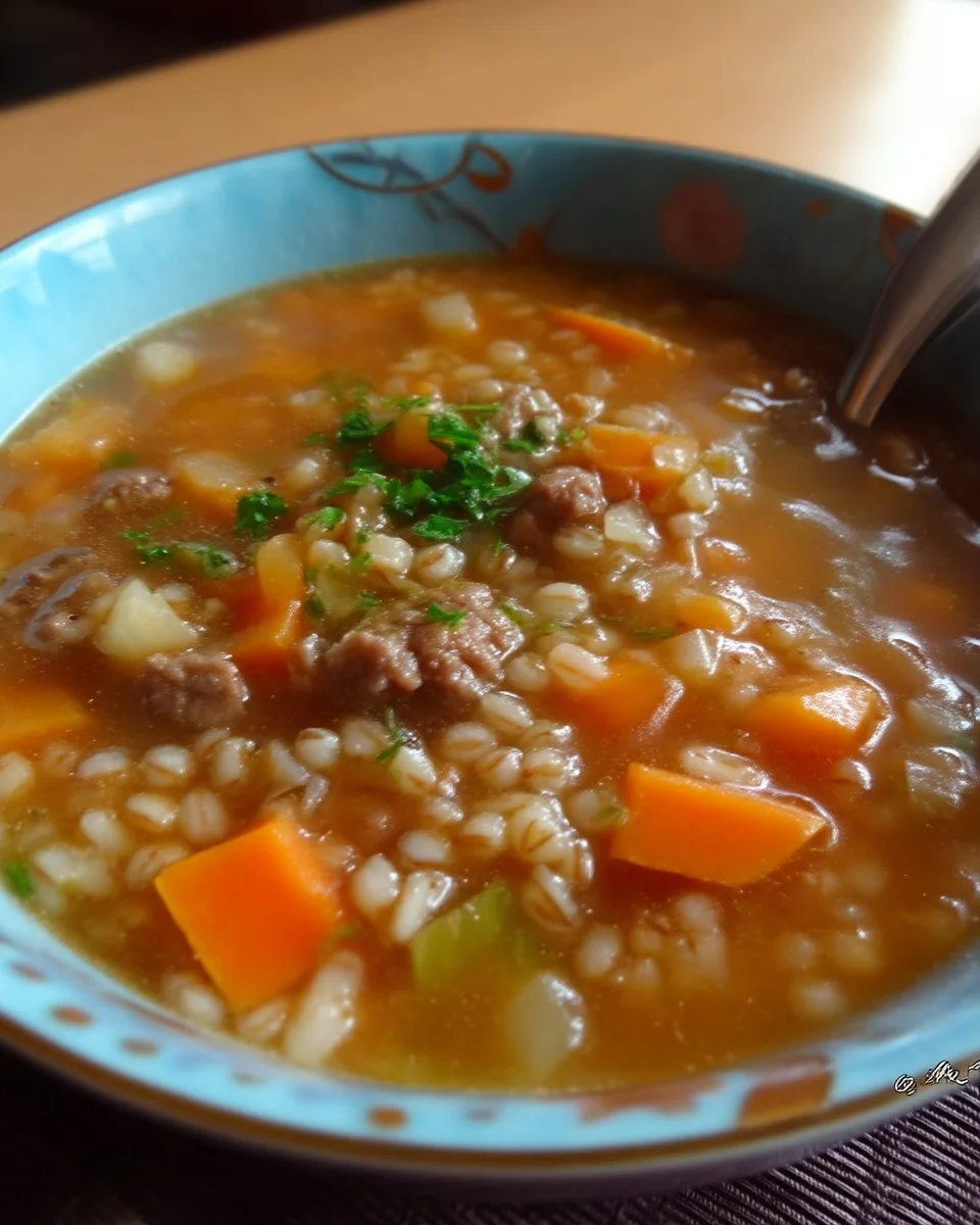 Soupe d'Orge et de Bœuf Haché servie dans un bol savoureux