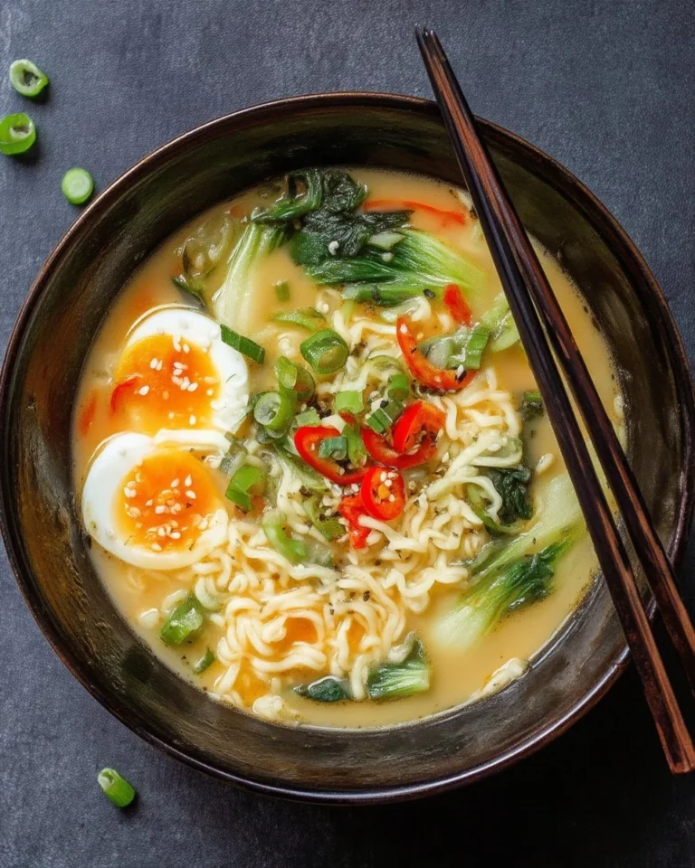 Bol de soupe ramen aux bok choy et œufs mollets garnis d'oignons verts