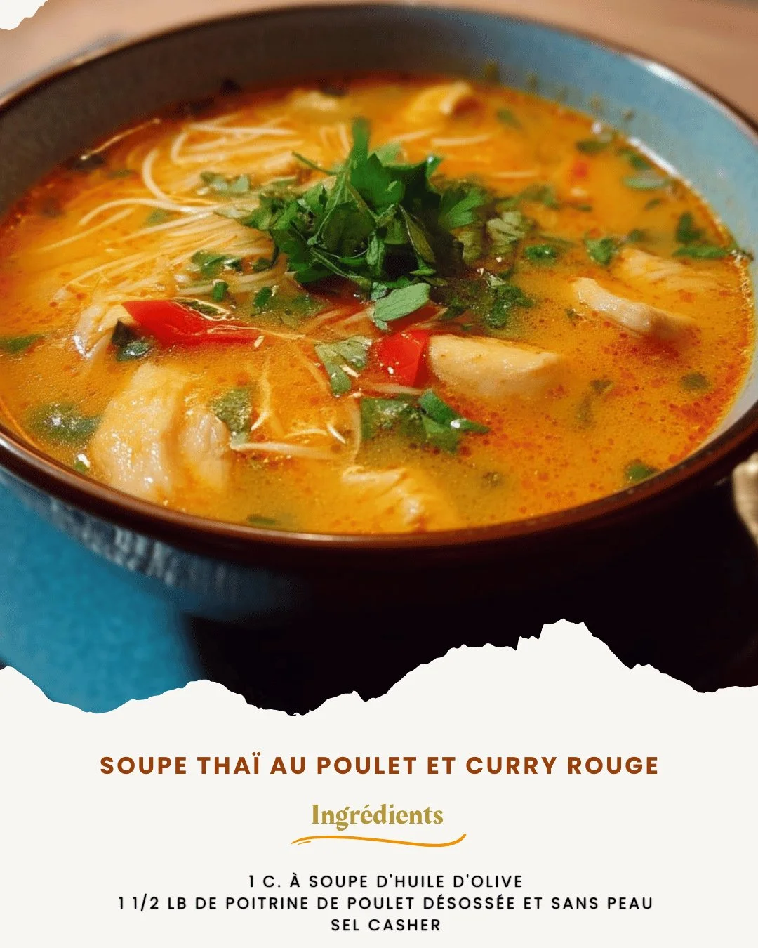 Bol de soupe thaï au poulet et curry rouge avec herbes fraîches