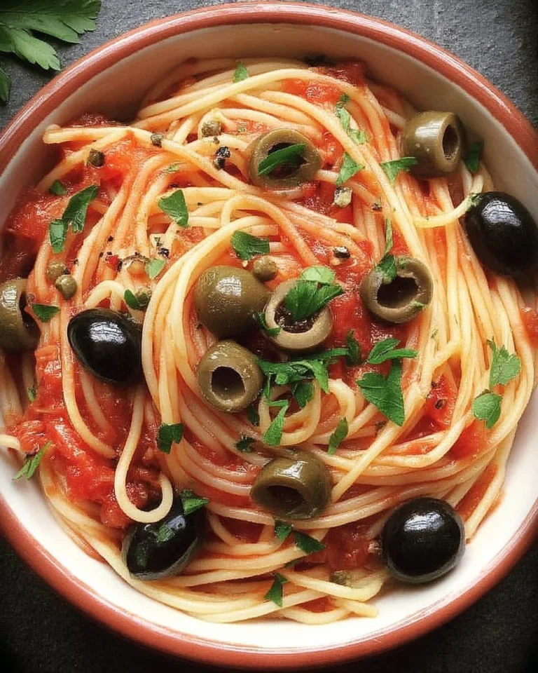Spaghetti Puttanesca avec sauce tomate, olives et câpres