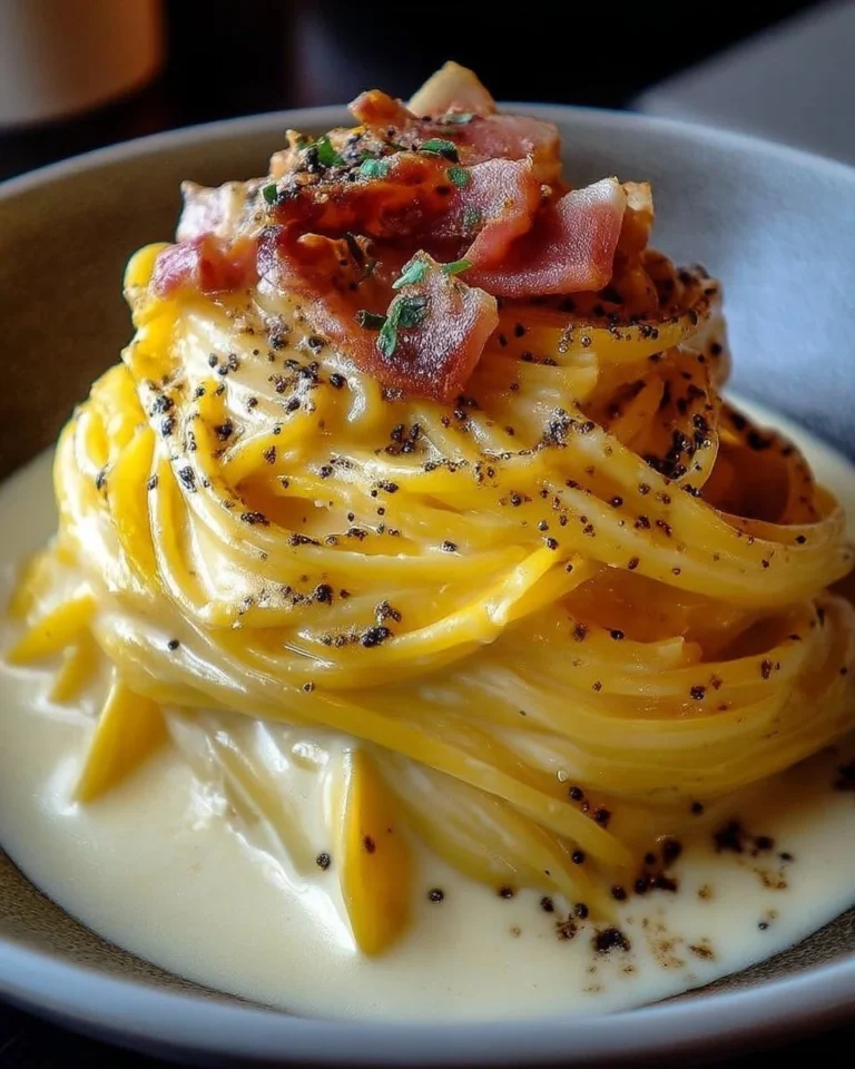 Assiette de Spaghetti Carbonara crémeux garnie de parmesan et de poivre noir