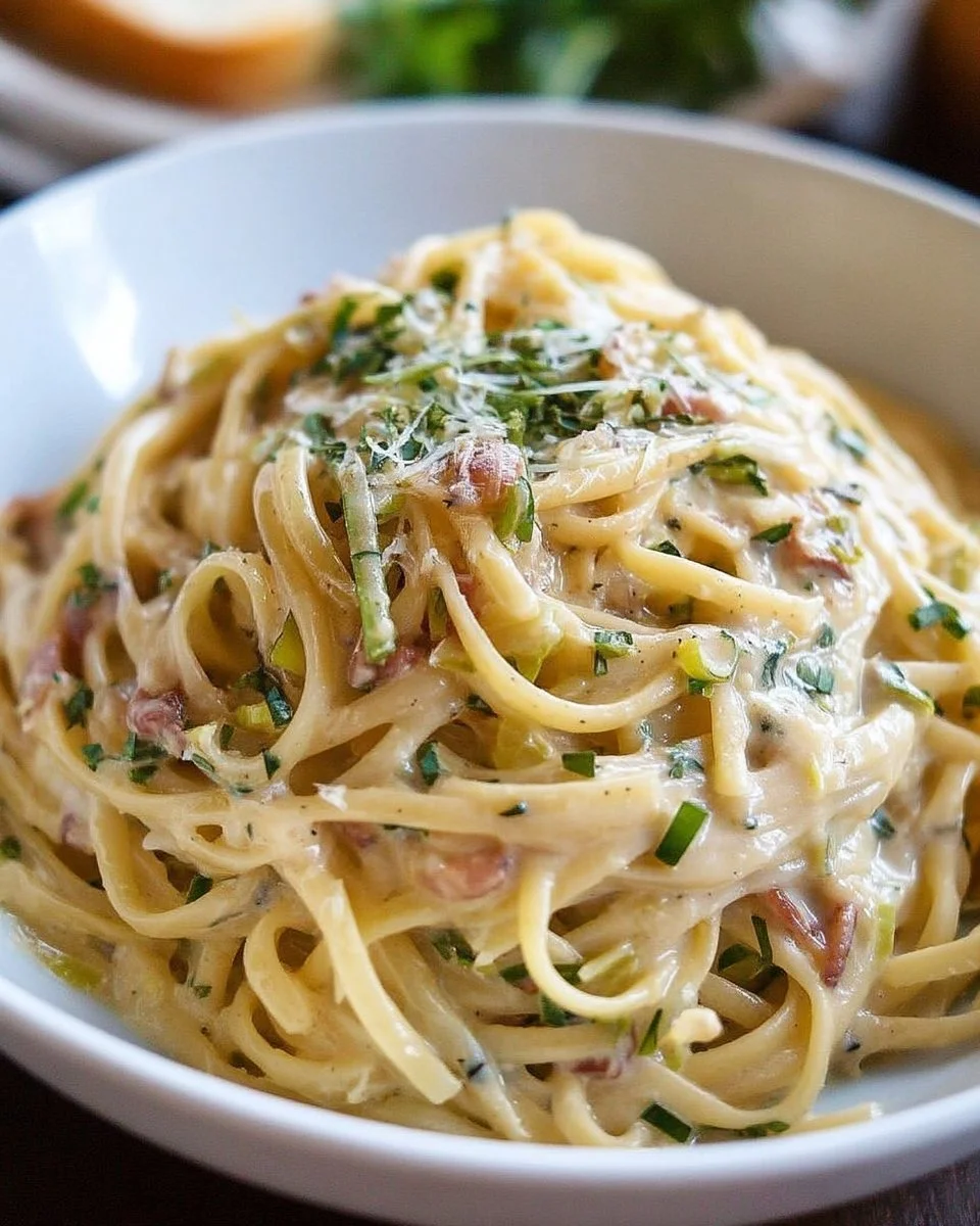 Spaghetti crémeux aux poireaux, plat onctueux et savoureux.
