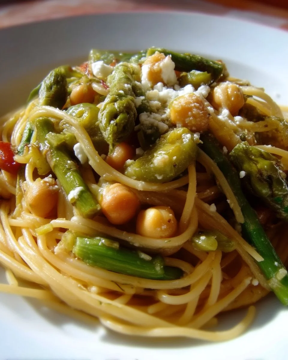 Spaghetti avec pois chiches, asperges et ail dans une assiette