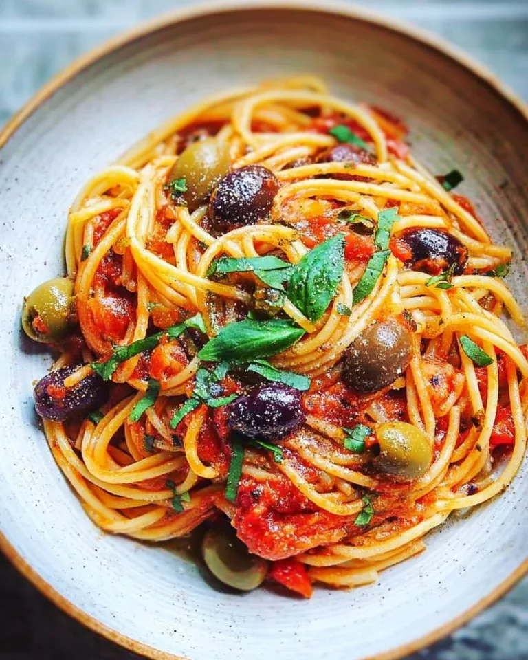 Plat de spaghettis puttanesca avec sauce tomate, olives et câpres